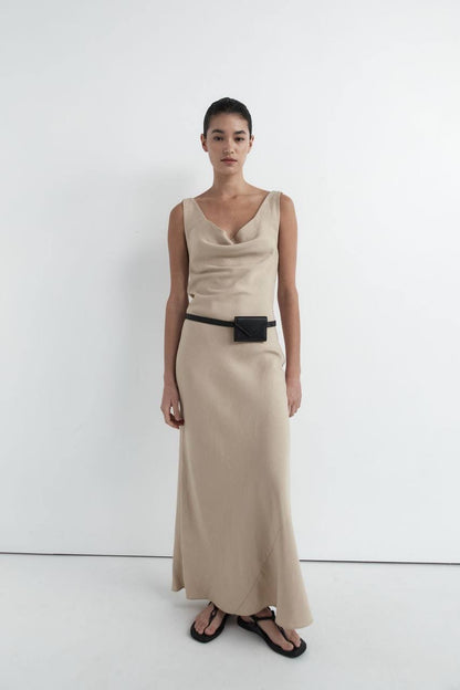SA Double Drape Cowl Linen-Blend Maxi Dress