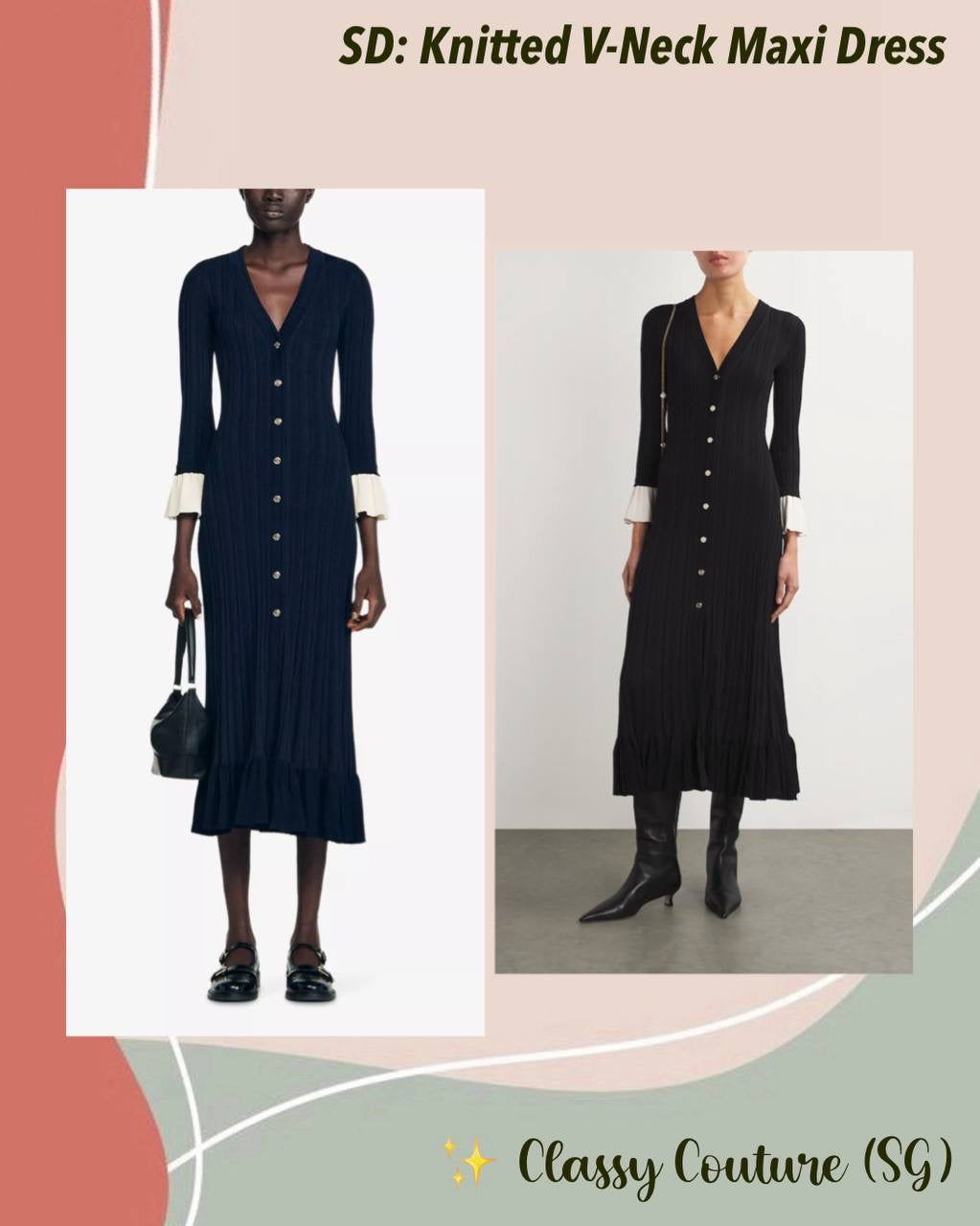SD Knitted V Neck Contrast Sleeve Midi Dress in Navy blue & Black