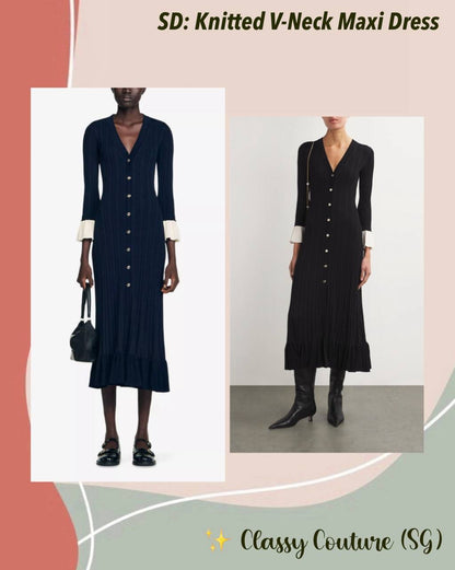 SD Knitted V Neck Contrast Sleeve Midi Dress in Navy blue & Black