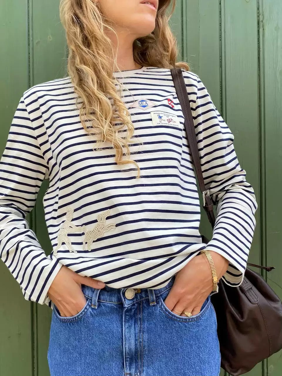 SE Athena Solid Cotton Jersey Striped Long Sleeve Shirt
