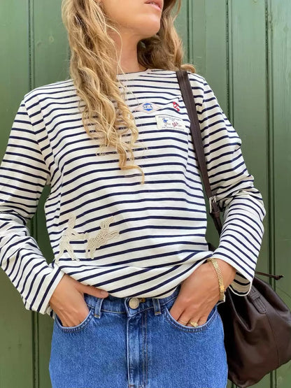SE Athena Solid Cotton Jersey Striped Long Sleeve Shirt