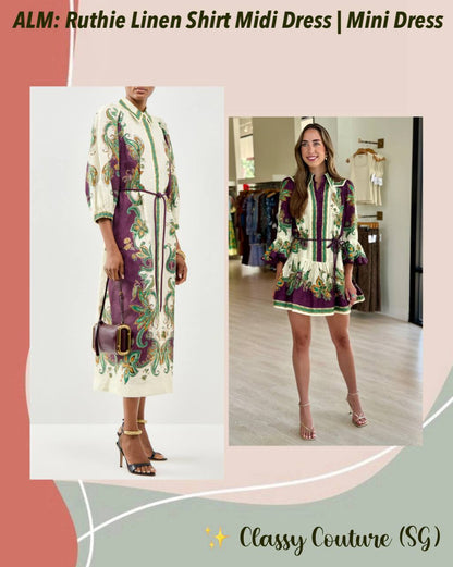 ALM002 Plum/Green Paisley Linen Shirtdress Mini Dress | Midi Dress