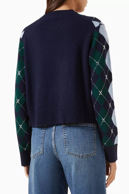 Argyle Diamond Jumper Sweater with Rhinestones & Wool Triangle Scarf | Green/Blue/Navy Set