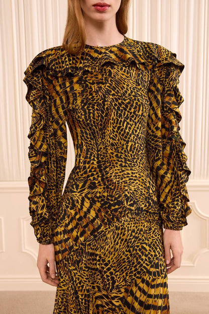 UJ Dara Long Sleeve Silk Dress Gold Tiger Print - Image 5
