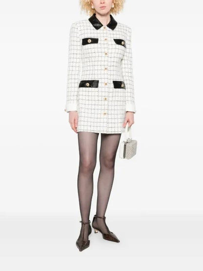 SP Check Boucle Leather Trim Long Sleeve Mini Dress