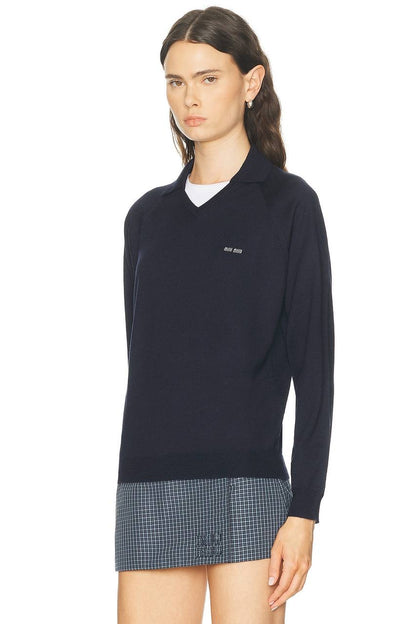 MM Unisex Wool Polo Sweater in Light Grey & Navy Blue
