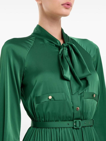 SP Green Satin Pussybow Pleated Midi Dress