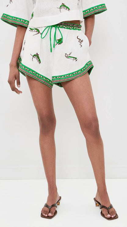 ALM001 Green/White Abstract Embroidered Fish Contrast Linen Crop Shirt | Shorts | Set