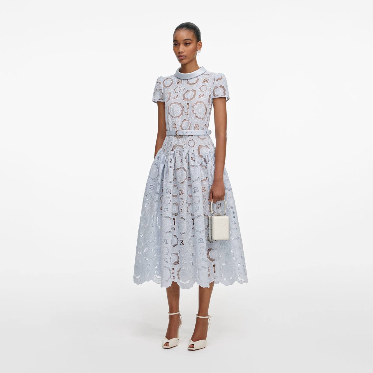 SP Blue Lace Floral Satin Collar Midi Dress