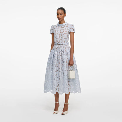 SP Blue Lace Floral Satin Collar Midi Dress