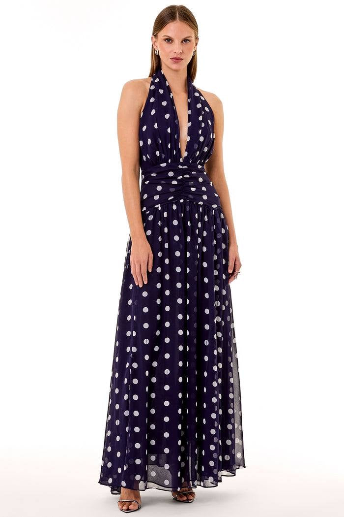 NC Arella Plunge Halter Ruched Maxi Dress