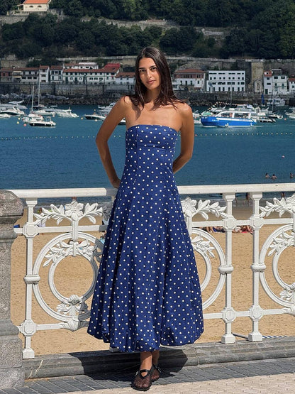 KV Lily One-Shoulder Toga Midi Dress | Strapless Bubble Cotton-Linen Polka Dot Maxi Dress