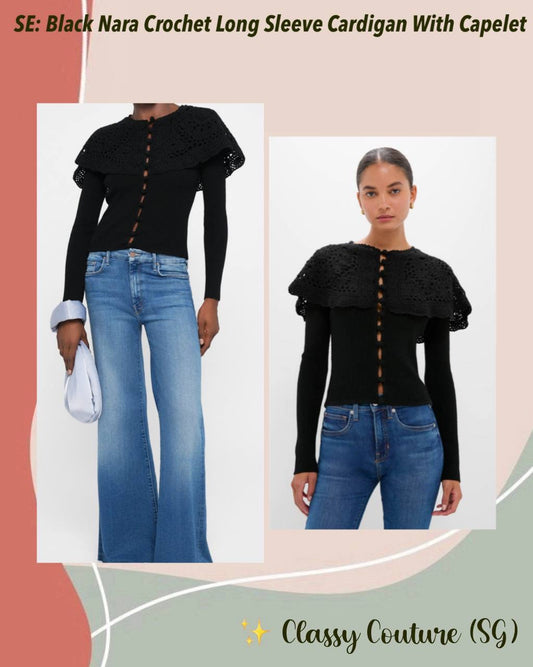 SE Black Nara Crochet Long Sleeve Cardigan Top With Capelet