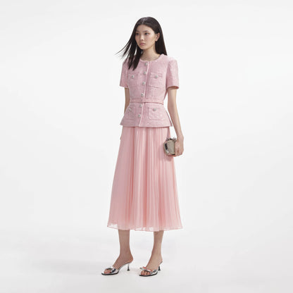 SP Pink Boucle Midi Dress Sequin Pleated Chiffon