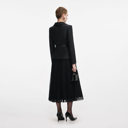SP Black Wool Crepe Long Sleeve Chiffon Belted Midi Dress