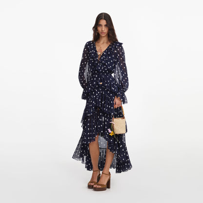 SP Navy Blue Georgette Ruffled Polka-Dot High-low Waterfall Midi Maxi Dress