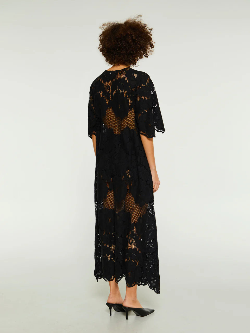 ML Lola Cotton-blend Sheer Lace Short Sleeve Midi Dress