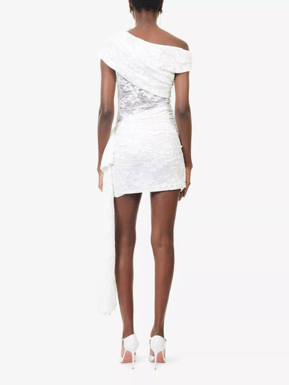 SP White Rhinestone One-Shoulder Stretch-Woven Mini Dress