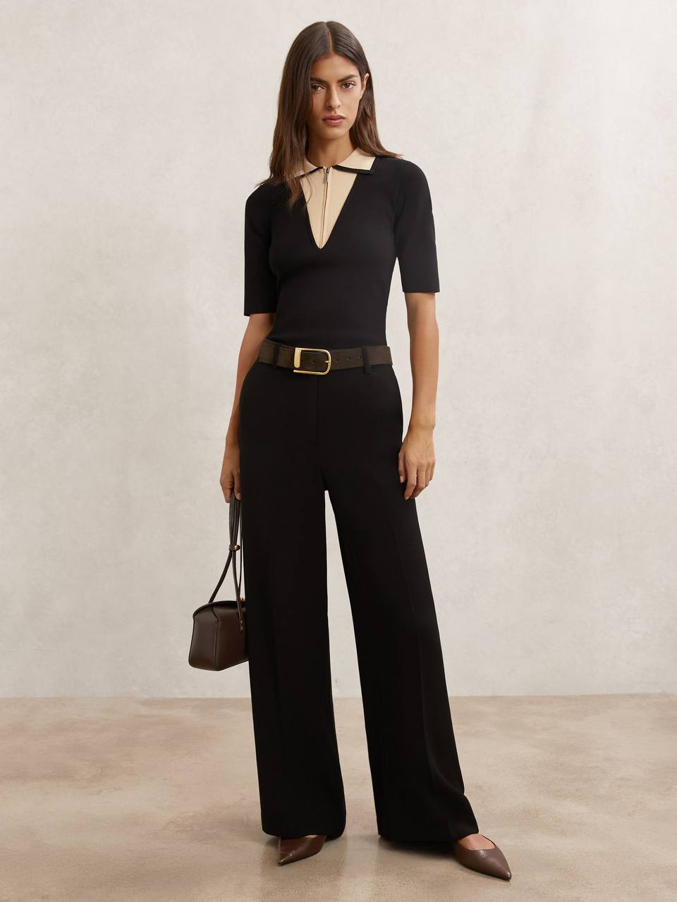 RS Stella Contrast-Collar Half-Zip Knitted Top