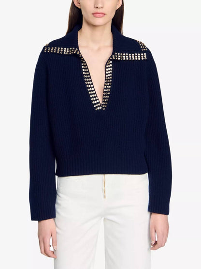 SD Orso Rhinestone Embellished Wool V-neck Sweater