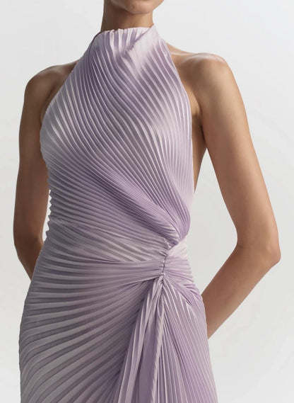 ALC Romy Halter Pleated Satin Gown Maxi Dress