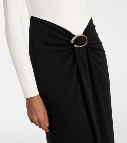 RM Waterfall Twist Drape Contrast Jersey Gown Maxi Dress in Black/white