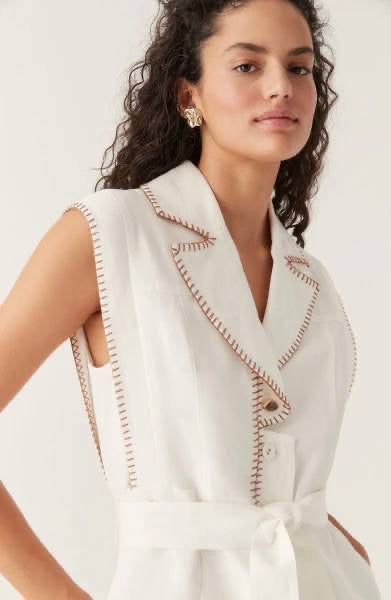 AJ Encompass | Sahira Barbstitch Linen Rayon Utility Mini Dress in Ivory