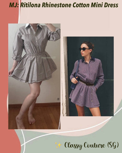 2 Colors! MJ Ritilona Rhinestone Checked Cotton Mini Dress Shirtdress Romper Playsuit (removable contrast collar)