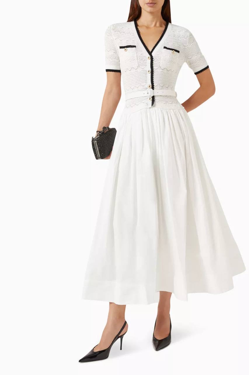 White Cotton-blend Pointelle Knit Drop-waist Midi Dress