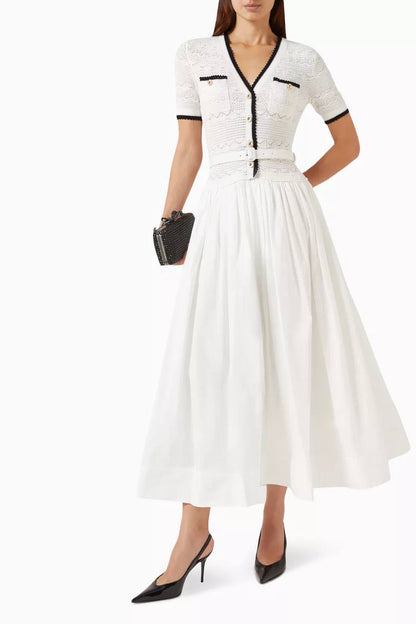 White Cotton-blend Pointelle Knit Drop-waist Midi Dress
