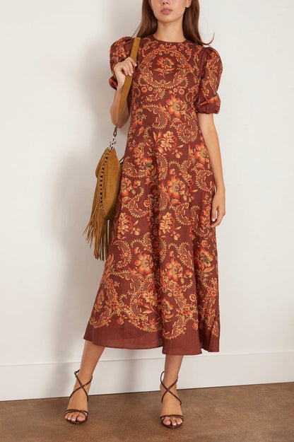 ALM Seraphina Printed Puff Sleeve Linen Midi Dress