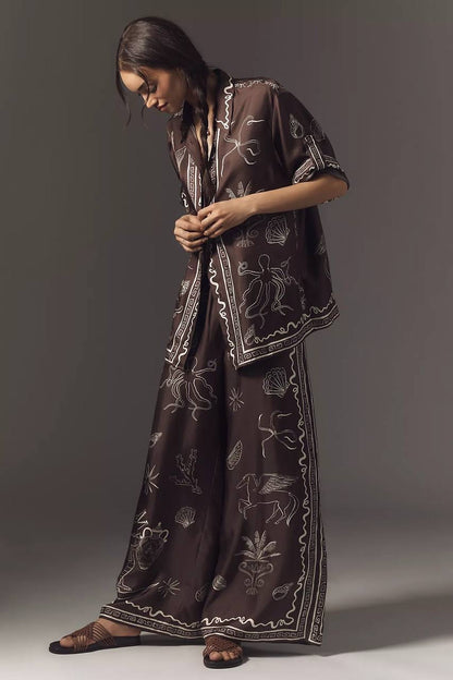 ALM Sammy Short-Sleeve Silk Satin Blouse | Pant | Set