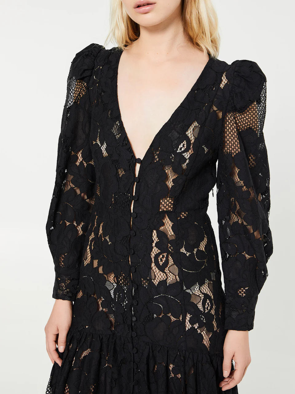 ML Penny Sheer Long Sleeve Cotton-Blend Lace Midi Maxi Dress in Black