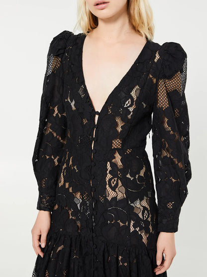 ML Penny Sheer Long Sleeve Cotton-Blend Lace Midi Maxi Dress in Black