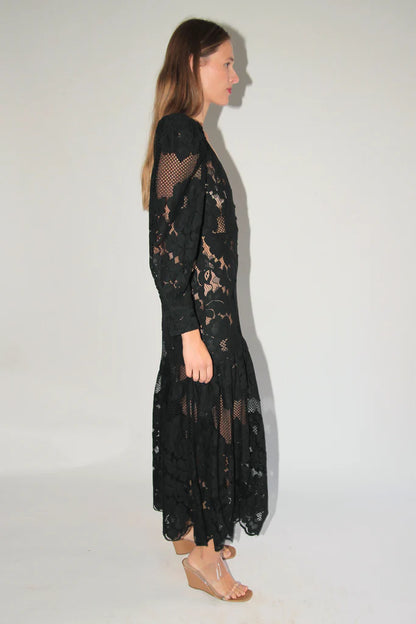 ML Penny Sheer Long Sleeve Cotton-Blend Lace Midi Maxi Dress in Black