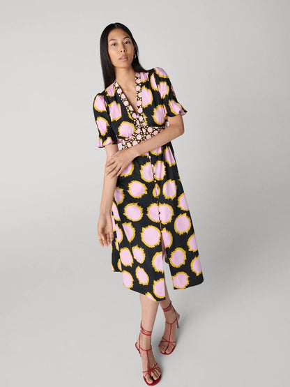 DVF Erica Stretch-cotton Midi Dress in Giant Ikat Stones Black/Pink