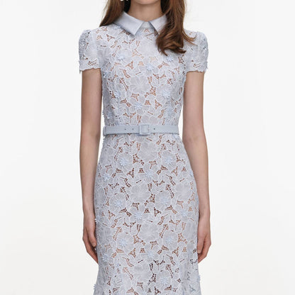 SP Blue Lace Guipure Collar Belted Midi Dress