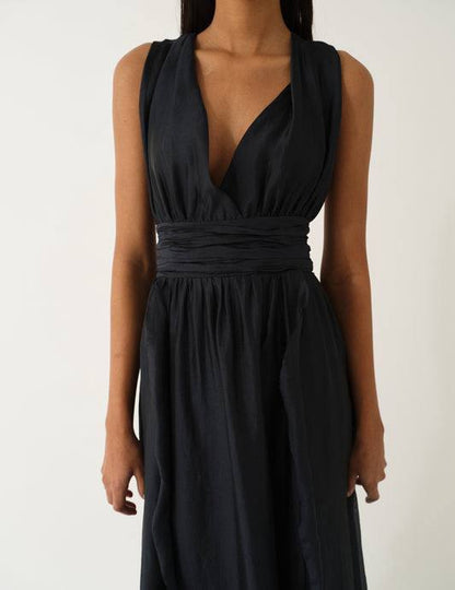 Gilian Plunge Halter Viscose-blend Chiffon Tie-back Gown Maxi Dress in Navy Blue