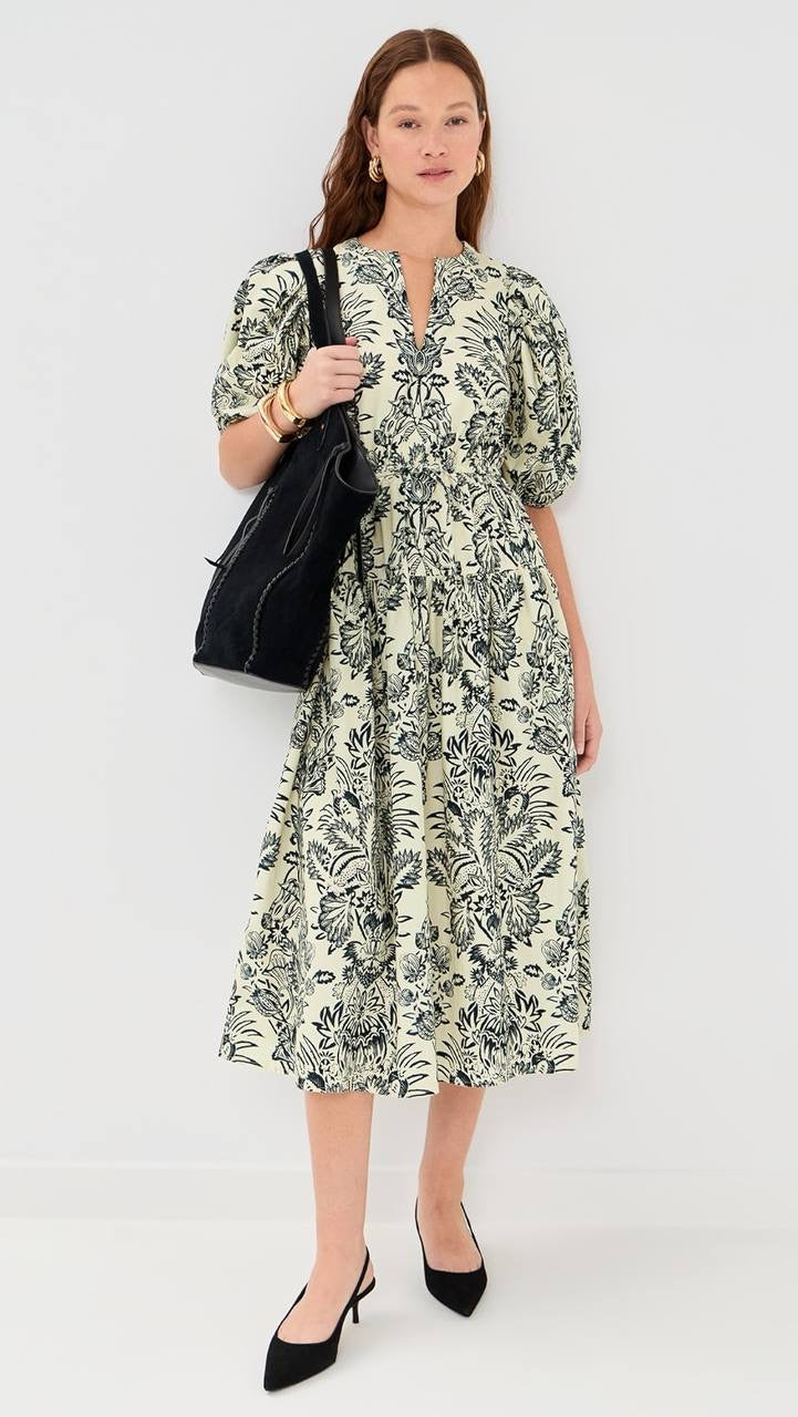 UJ Harriet Printed Cotton Poplin Puff Sleeve Midi Dress