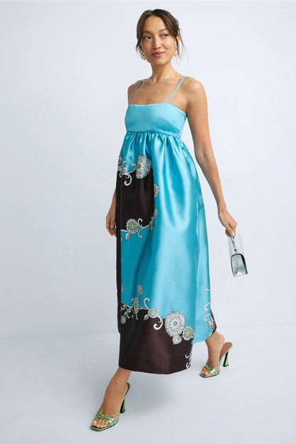 ALM Gia Printed Maxi Dress Sundress with Back Ribbon Bow Tie