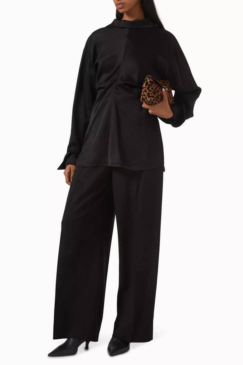 TOT Slouch Zip-Front Drape Satin Blouse Top
