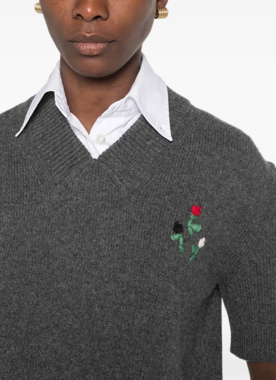 MM Grey Flower-Embroidered Short-Sleeve Wool-cashmere Jumper Top