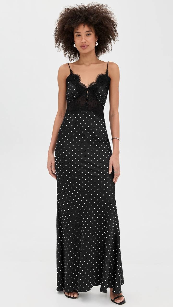 SP Polka Dot Satin Lace Strappy Maxi Dress