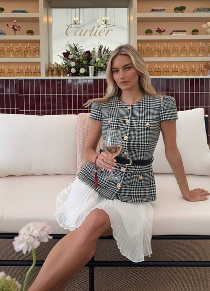 SP Grey Houndstooth Pleated Belted Short Sleeve Mini Dress | Tailored Midi Dress