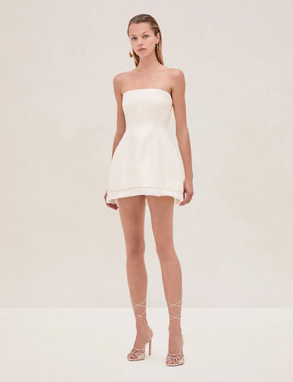 SALE! ALX Clea Strapless Fringe-trim Cotton-blend Mini Dress