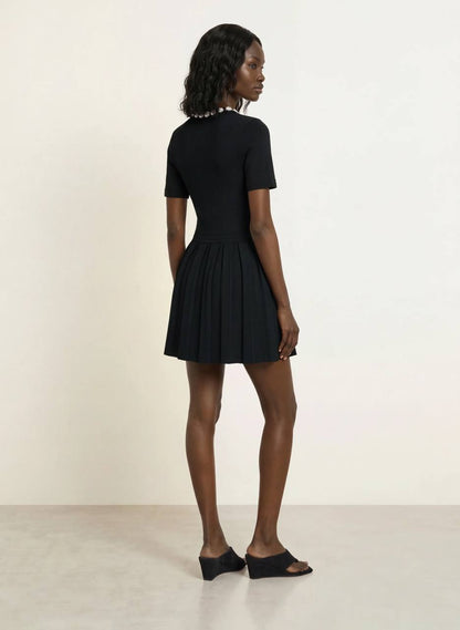 Black Short Sleeve Beaded Flowers Flared Viscose-blend Mini Dress