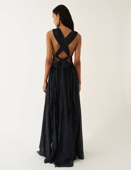 Gilian Plunge Halter Viscose-blend Chiffon Tie-back Gown Maxi Dress in Navy Blue