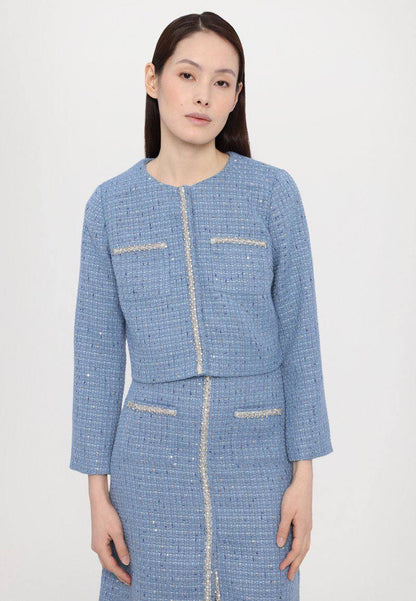 MJ Vilya Blue Cropped Embellished Tweed Jacket Blazer