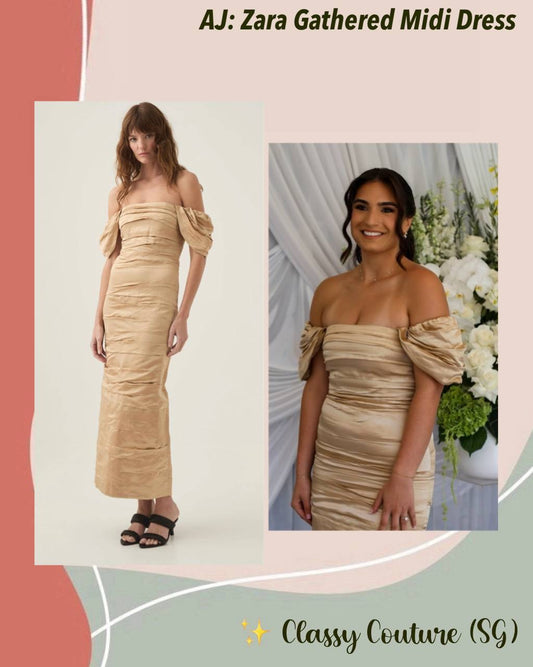 AJ Zara Gathered Linen-Viscose Midi Dress in Gold