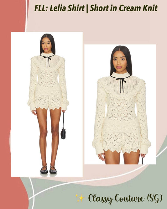 FLL Lelia Yoke Long Sleeve Top | Shorts | Cream Cotton Knit Set